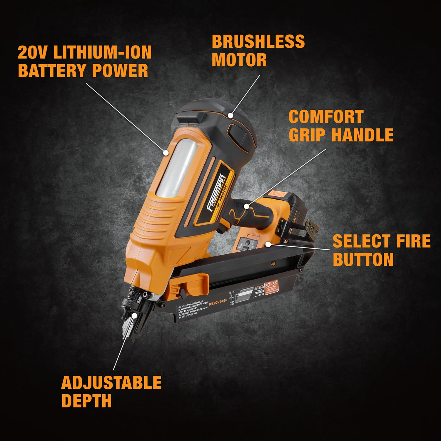 Freeman PE20V3490 20 Volt Cordless and Brushless 34 Degree 3-1/2" Framing Nailer Kit with Lithium Ion Battery, Charger, and Bag – 750 Shots per Charge