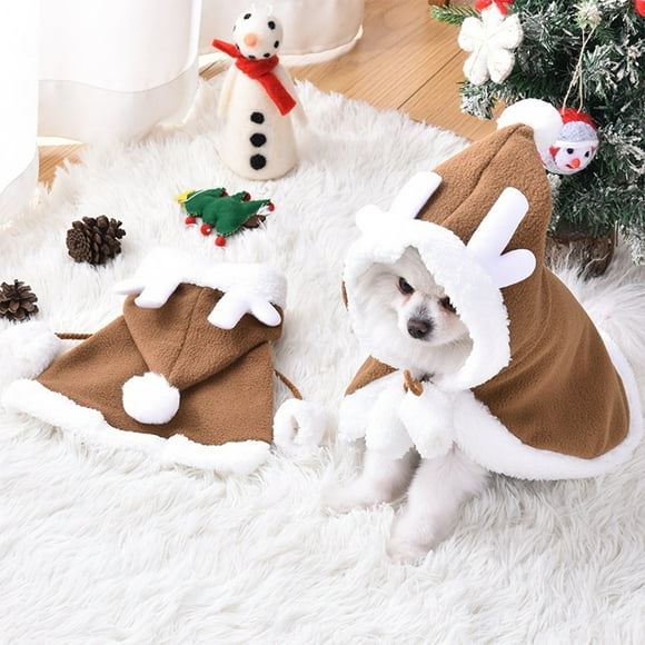 Oioii Dog Christmas Costume, Pet Santa Cape with Elk Antlers Hat Warm Santa Claus Reindeer Outfit Puppy Xmas Hoodie Cloak Dog Clothes