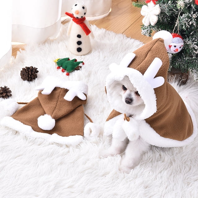 Oioii Dog Christmas Costume, Pet Santa Cape with Elk Antlers Hat Warm Santa Claus Reindeer Outfit Puppy Xmas Hoodie Cloak Dog Clothes
