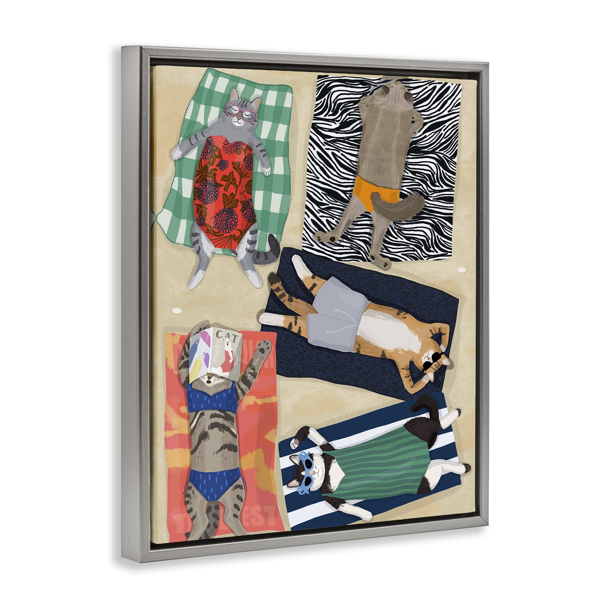 Stupell Industries Summer Sunbathing Cats Gray Framed Floater Canvas Wall Art, design by Hanna Melin