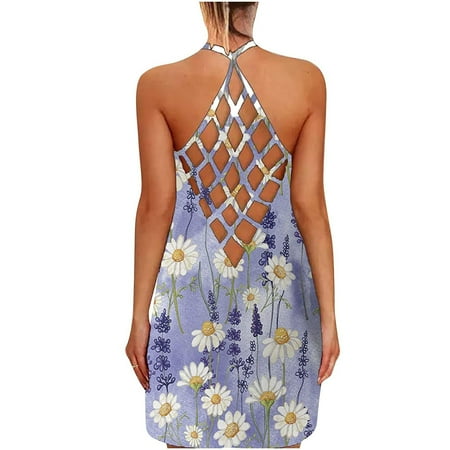 

Maternity Dress Wedding Dress Women Open Back Printing Sleeveless Cross Casual Loose Fit Hollow Mesh Halter Dress Summer Savings Clearance 2022 Sundresses for Women Corset Dress Purple L