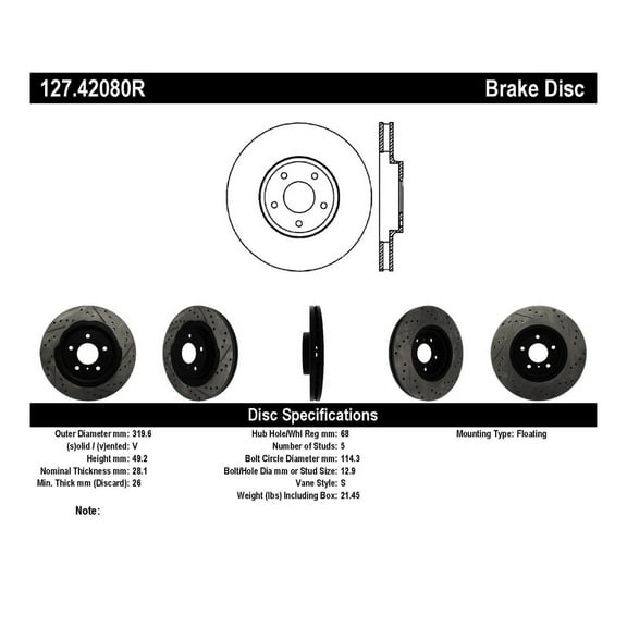 StopTech 127.42080R StopTech Sport Rotors; Drilled And Slotted; Front Right;12.60 in. Dia.; 1.94 in. Height; Fits select: 2016-2023 NISSAN MAXIMA, 2009-2014 NISSAN MURANO