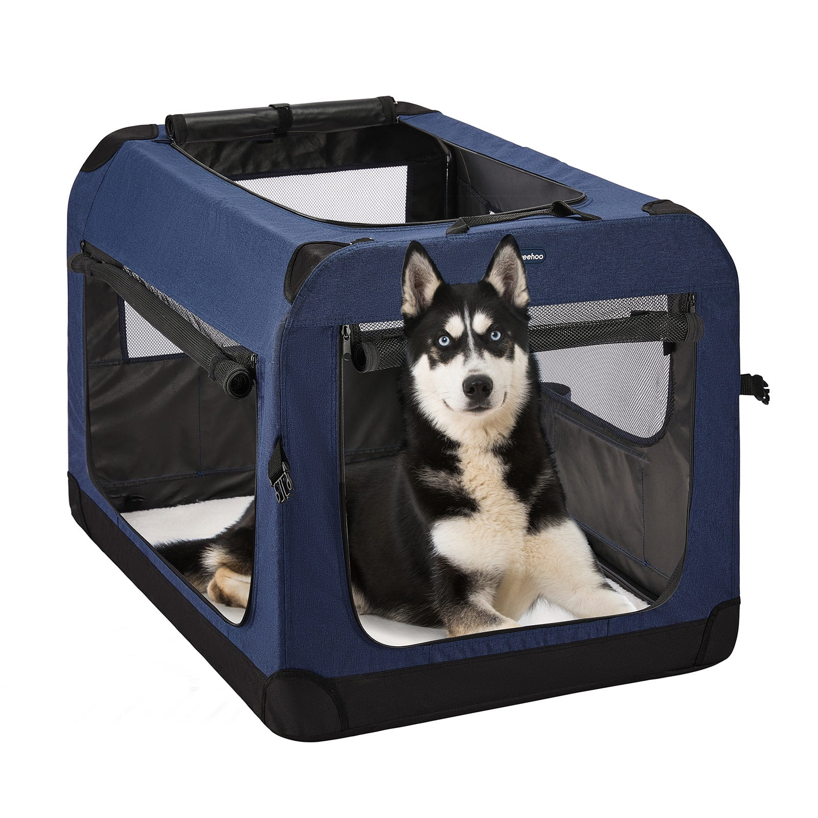 Picture of Veehoo Folding Soft Dog Crate, 3-Door Pet Kennel, 600D Cationic Oxford ...