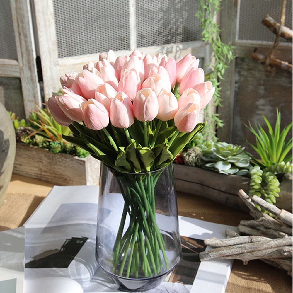 5 Pcs Fake Tulips Artificial Flowers, Real Touch PU Faux Flowers, Tulip Stems for Wedding, Spring Bouquet Floral Arrangement Home Party Office Decorations for Mother's Day (Pink) 13.98Inches