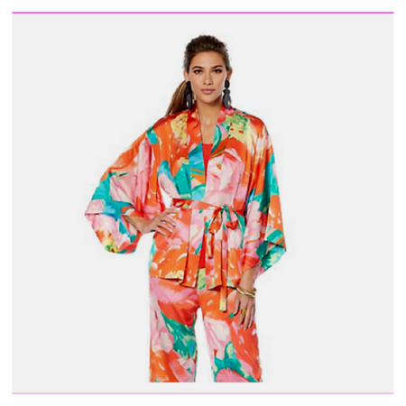 N Natori Printed Silky Satin Tie Belted Topper Wrap Paradise Multi color, L