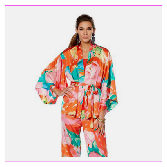 N Natori Printed Silky Satin Tie Belted Topper Wrap Paradise Multi color, M