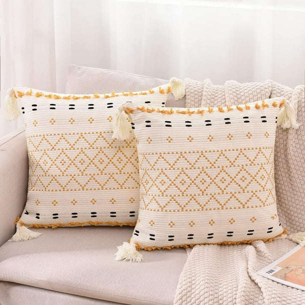 Boho Throw Pillow Covers 18x18 Set of 2 Natural Cotton Hand Woven Yellow Tufted Decorative Tassel Hug Pillowcase for Bedroom Living Room Sofa