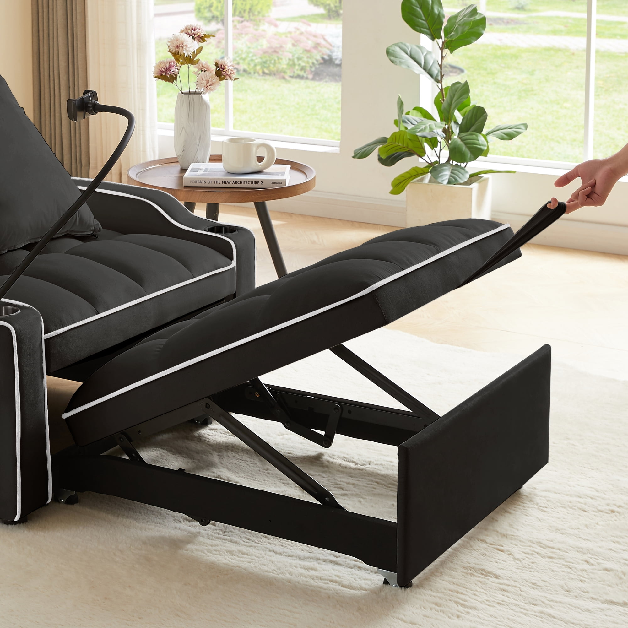 Jopath Convertible Sleeper Sofa Chair Bed,3 in 1 Velvet Single Sofa with Phone Holder & Cupholders,Pull Out Couch Recliner with Adjustable Backrest for Living Room, Office, Small Place,Black