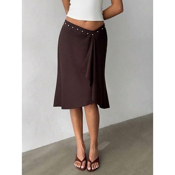 Brown Asymmetrical Wrap Skirt For Women Low Waist Knee-Length Flared Hem With Stud Detail