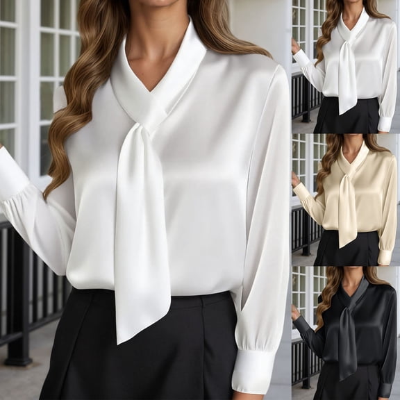 Shirts for Women Elegant Solid Colorer Blouse with Flowing Tie Detail Long Sleeves Outfits