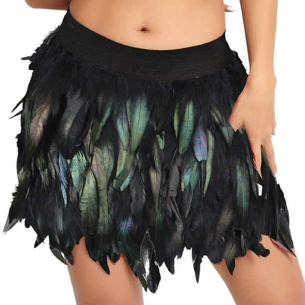 Gibobby faldas largas medio cuerpo con plumas para mujer, ropa para el escenario europea y americana(Negro, L)