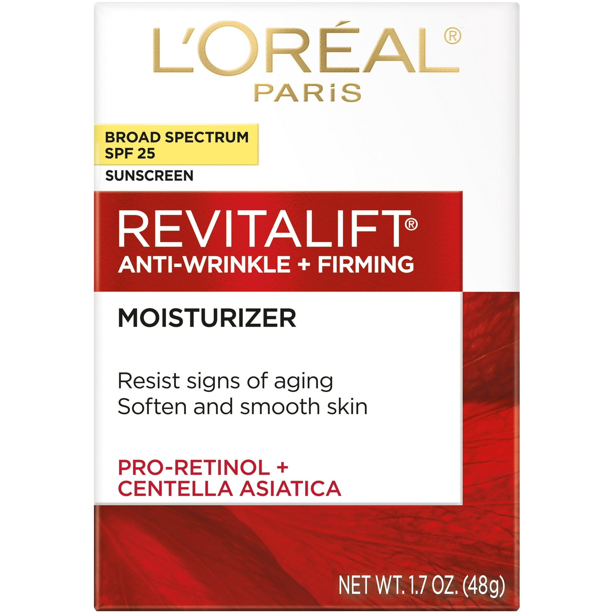 L'Oréal Paris Revitalift Anti-Wrinkle and Firming Face Moisturizer with SPF 25, Pro-Retinol and Centella Asiatica, Paraben Free, 1.7 oz