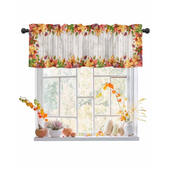 Fall Valances for Windows, Leaves Maple Leaf Watercolor Wood Grain Texture Rod Pocket Short Window Valance Curtains Holiday Window Treatment for Kitchen Living Room Bathroom, 42"x12"