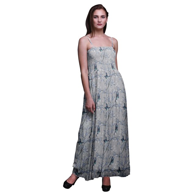 Bimba Robe à Bretelles Spaghetti Imprimée Fleur & Chardonneret Bimba pour Femmes, Smockée Fluide, Très Grande Taille
