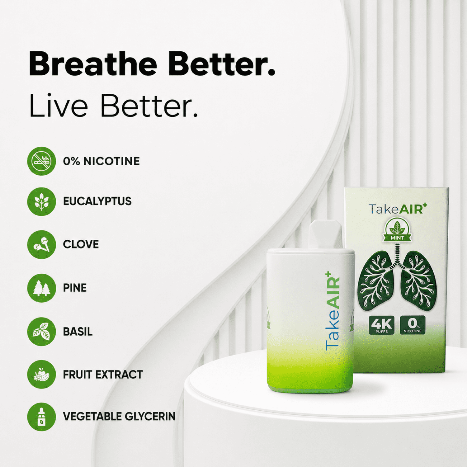 TakeAIR+ Nicotine-Free Diffuser Over 4K Puffs, All Natural, Smokeless Inhaler, Mint