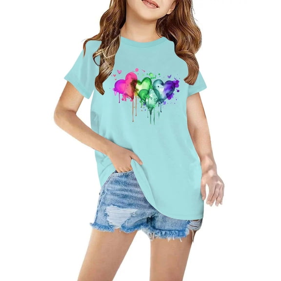 Amidoa Girls Short Sleeve Summer Graphic Crewneck T Shirts Cotton Casual Kids Tops Blue Size 9