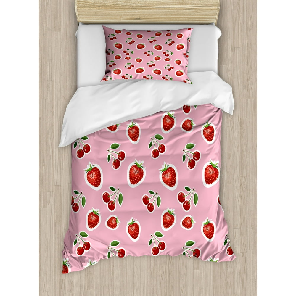 Fruit Duvet Cover Set, Digital Print of Strawberry and Cherry Pattern