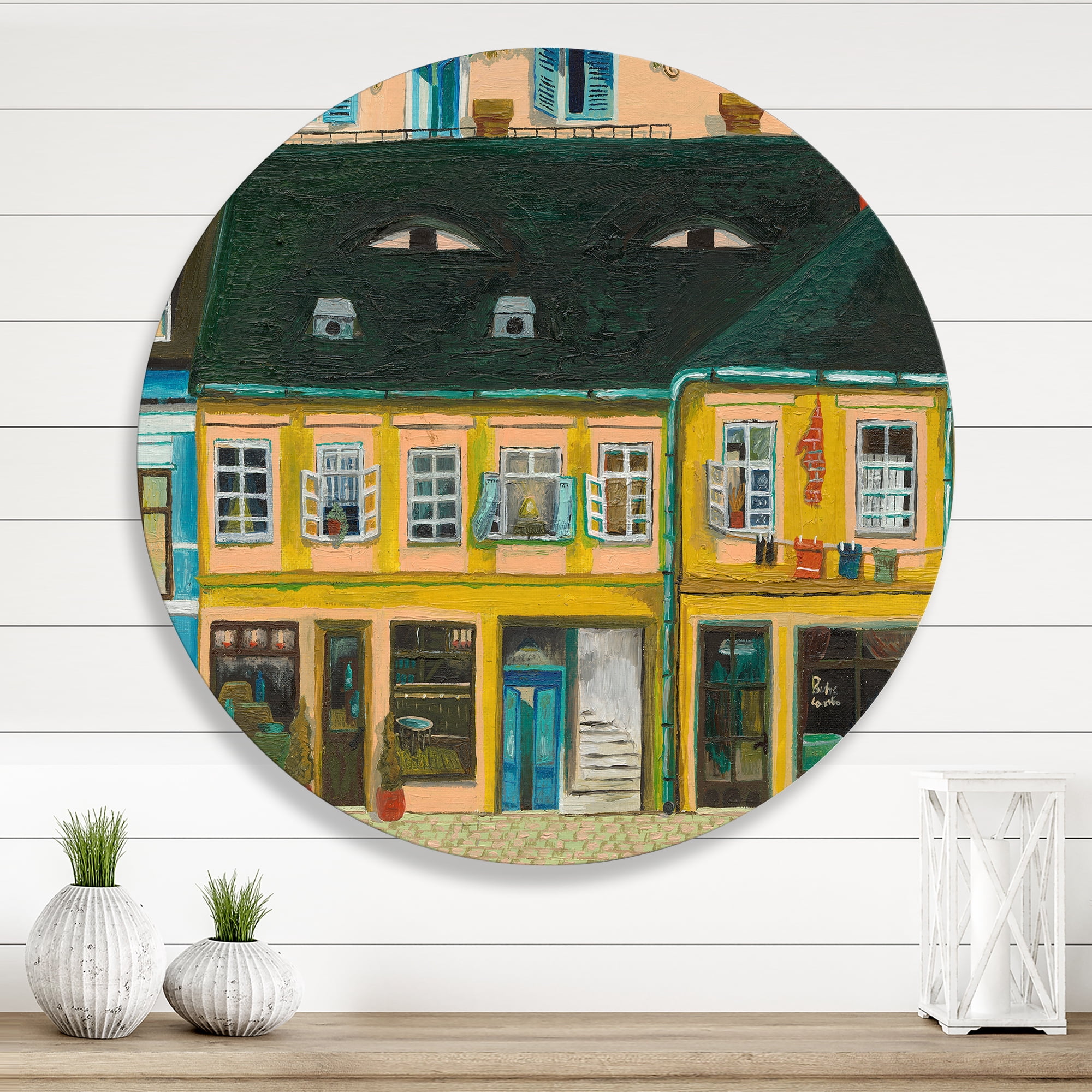 Designart 'Abstract Yellow Facade of Houses In Street In Paris' French Country Circle Metal Wall Art 11x11 - Disc of 11