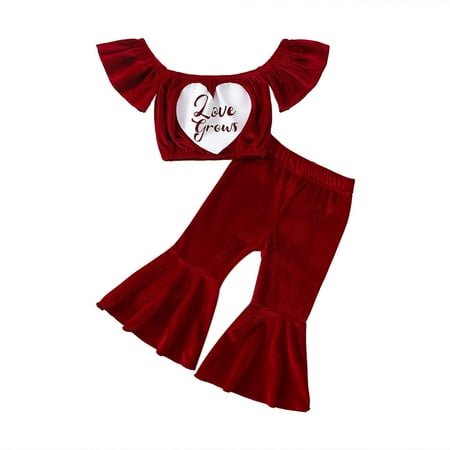 

GWAABD Cute Girls Clothes Red Cotton Kids Toddler Chlidren Girls Autumn Winter Print Short Sleeve Long Pants Set Clothing 110