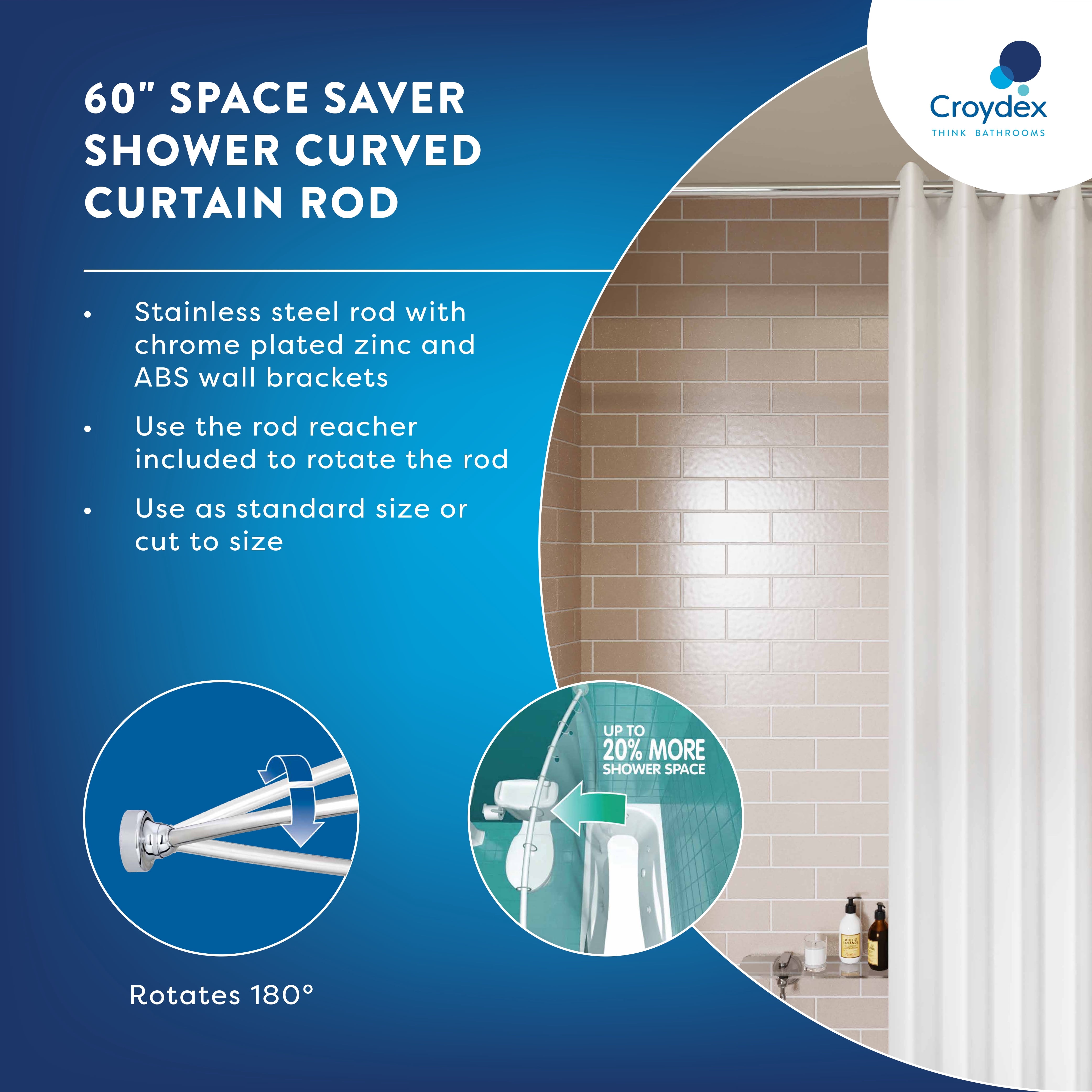 Croydex Curved Space Saver Shower Curtain Rod, Adjustable Length 60in, Stainless Steel
