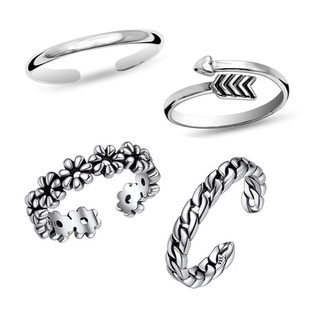 LeCalla Set of 4 Pcs 925 Sterling Silver Toe Rings for Women Adjustable Arrow Flower Link & Simple Band Toering Set Summer Beach Bare Foot Jewelry