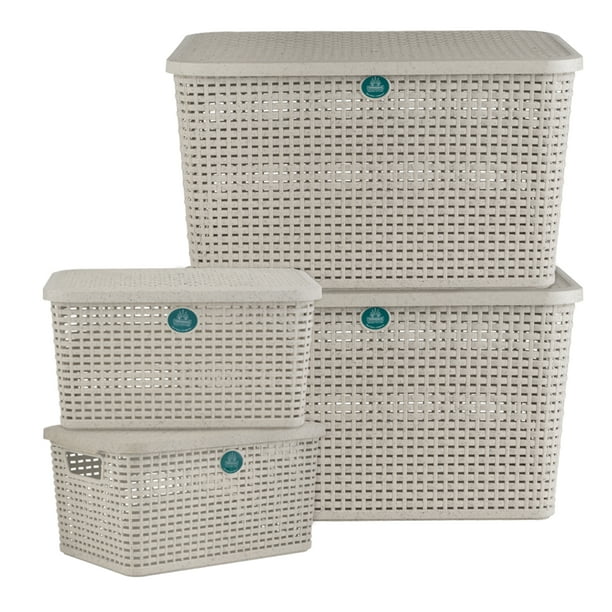 Kit 4 Cajas Organizadoras de Plástico Biodegradable Terragave Tipo Rattan (Beige)