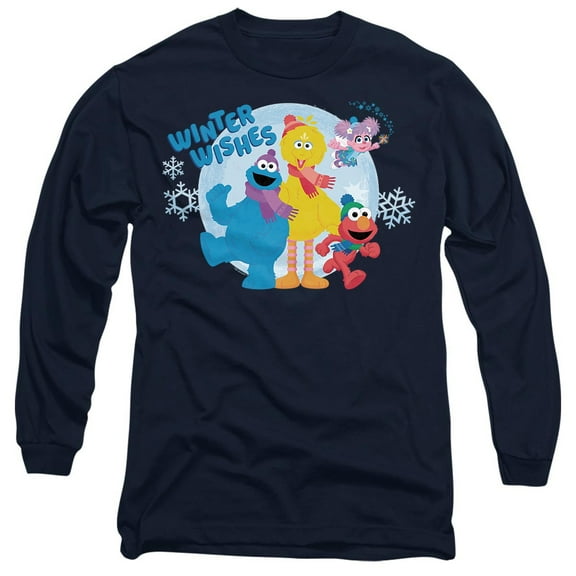 Sesame Street Winter Wishes Elmo, Cookie Monster, Big Bird Unisex Adult Long-Sleeve T Shirt, Navy, Large