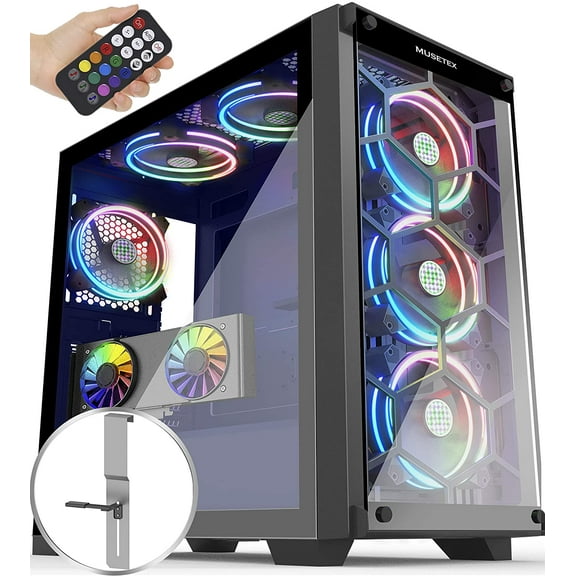 MUSETEX 6 ARGB Fans Honeycomb Airflow 2×USB 3.0 Mid Tower Case with 2 Tempered Glass Panels and Remote Control, Gaming PC Case Computer Case Support E-ATX（MU3-MS6）