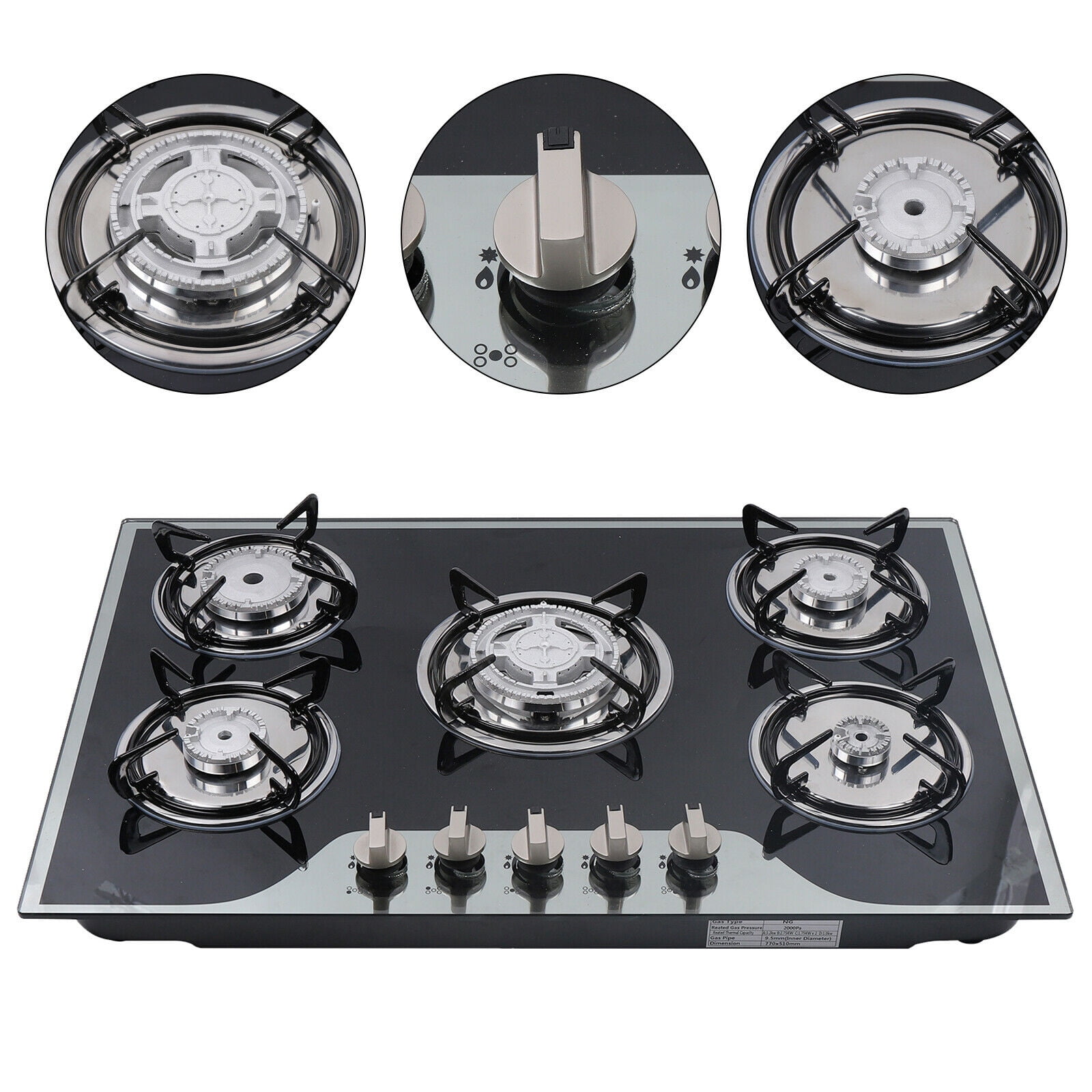 DENEST Gas Cooktop 30" 5-Burners Stove Built-in Cooker Cooktop Stove LPG/NG Gas Tempered Glass Black