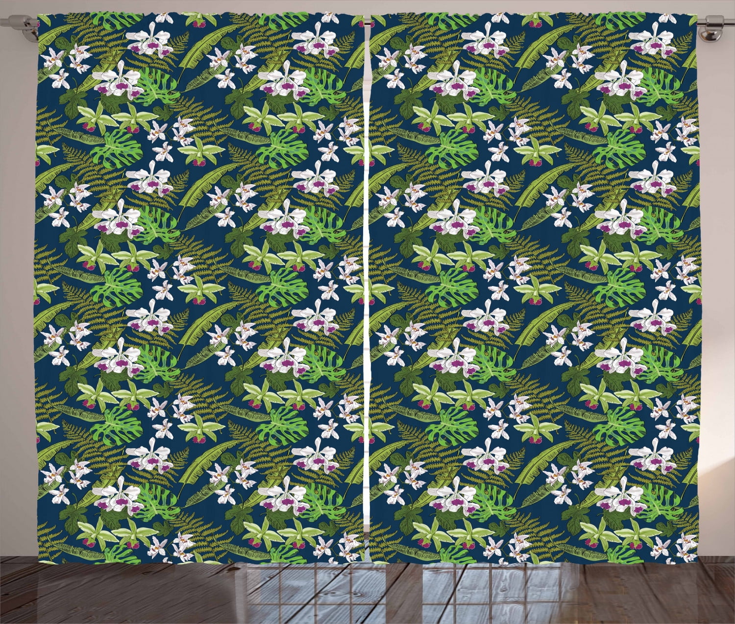 Orchids Curtains 2 Panels Set, Paradise Caribbean Areca Palm Leaves