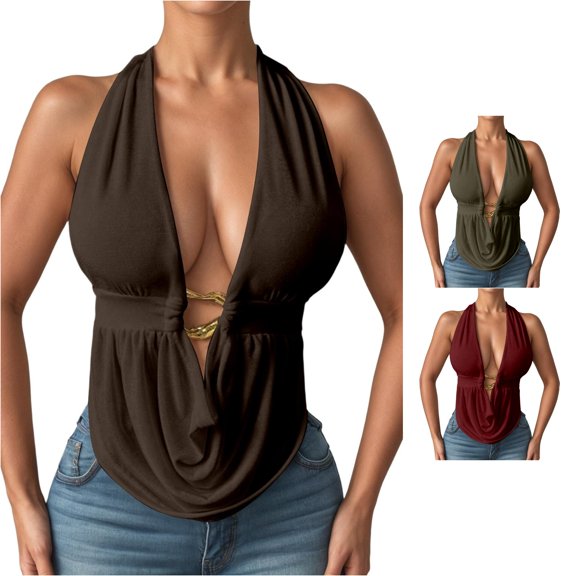 Rggeeun Women Tank Tops Solid Color Workout Boho Spaghetti Strap Camisole V Neck Knit with front Metal Ornament for Summer Everyday Use Simple Sleeveless,Brown,Xs