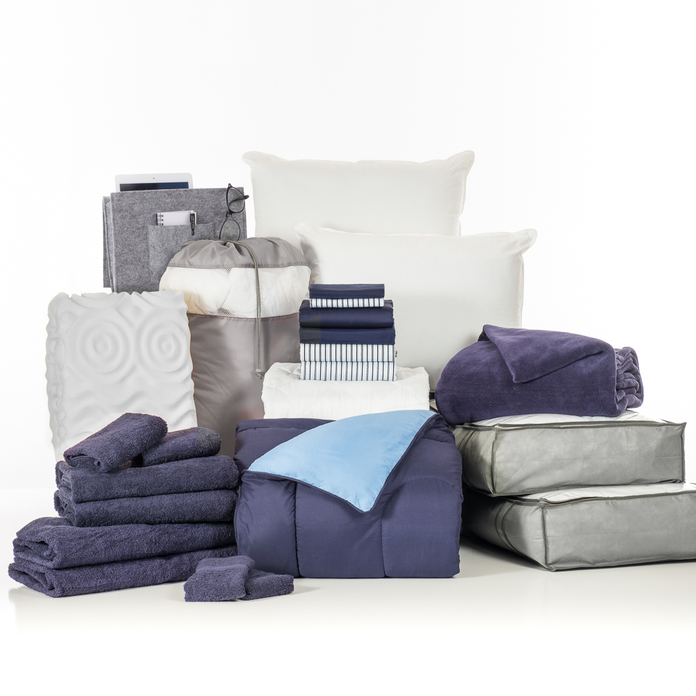 The Complete Campus Pak in Navy and Oxford Stripe, 24Piece Twin XL