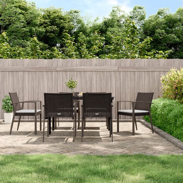 vidaXL 7 Piece Garden Dining Set with Cushions Poly Rattan and Steel