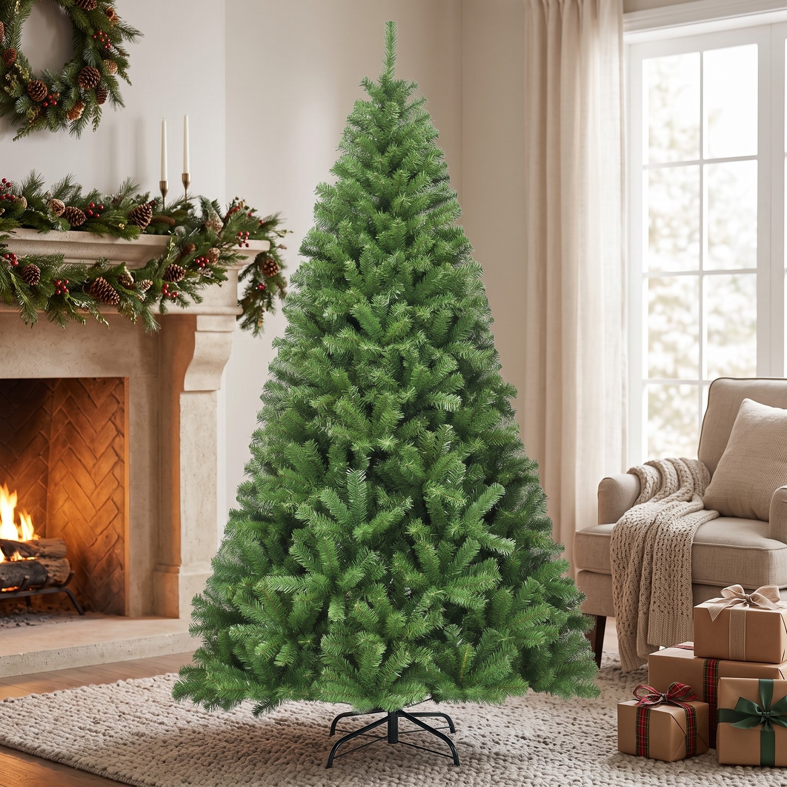 RUIE 7.5 ft Artificial Christmas Tree Premium Hinged PVC Xmas Pine Tree with 1346 Branch Tips and Sturdy Metal Stand for Indoor Holiday Decoration, Green
