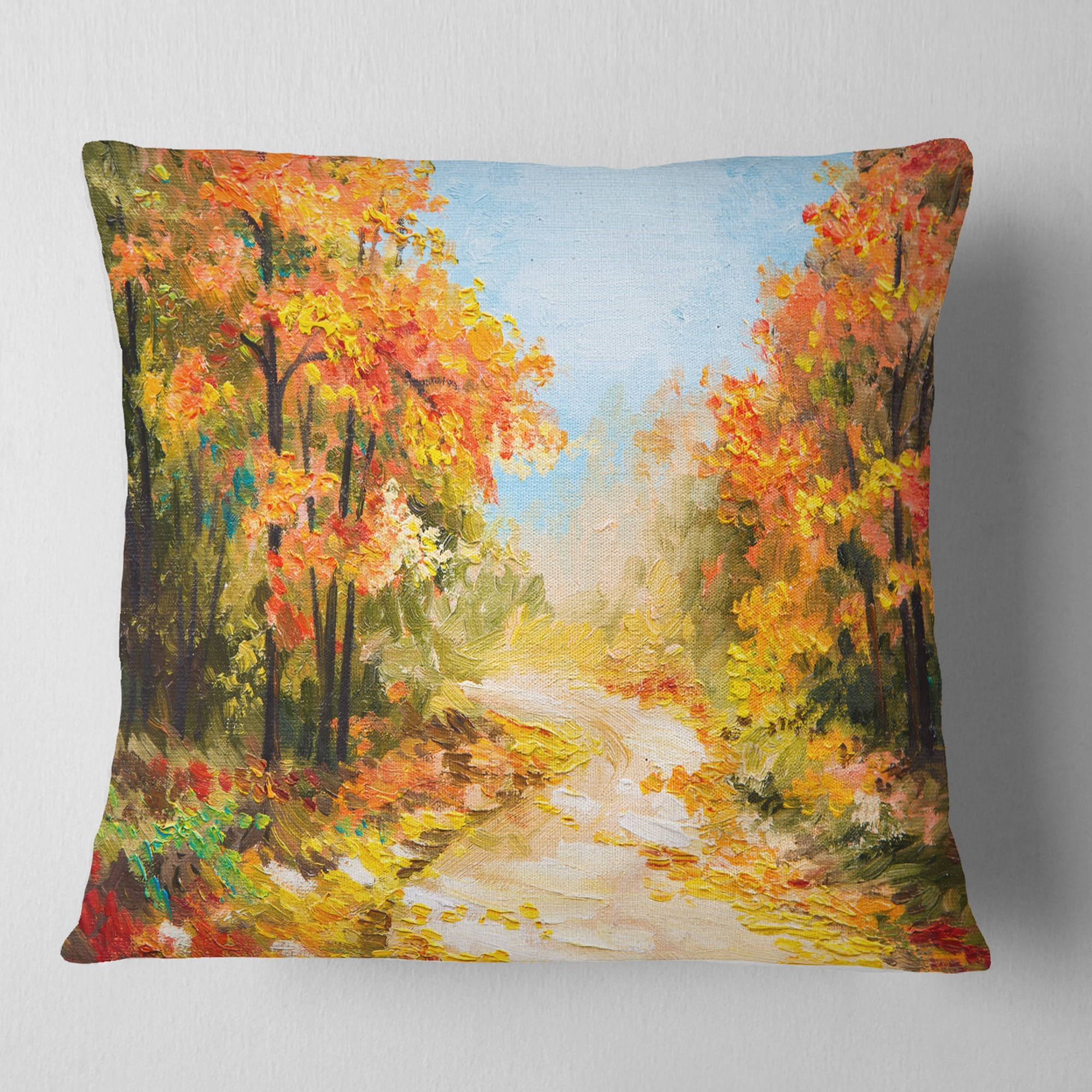Designart Path in Autumn Forest - Landscape Printed Throw Pillow - 18x18