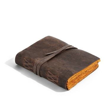 Vintage Leather Journal 9 x 6 Inch – Handmade Sketchbook with Yellow Deckle Edge Paper for Men and Women