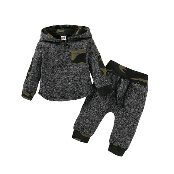 Baby Boys Outfits Camouflage Pocket Winter Hoodies Elastic Pants 2Pcs Clothes Set Gray 12-18 Months