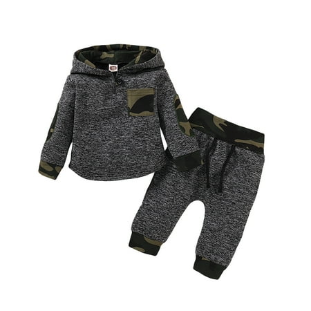 

Kucnuzki 6 Months Baby Boy Winter Outfits Pants Sets 12 Months Long Sleeve Contrast Camouflage Prints Hooded Sweatshirt Tops Elastic Pants 2PCS Set Gray