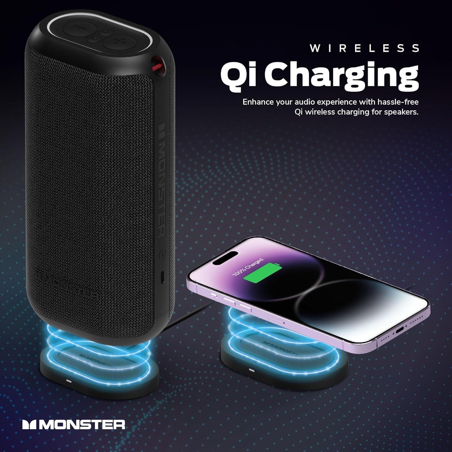 Monster DNA Max Portable Bluetooth Speaker, 360° Bass Sound, 10W Qi Charging Pad, IP67 Waterproof, Indoor & Outdoor