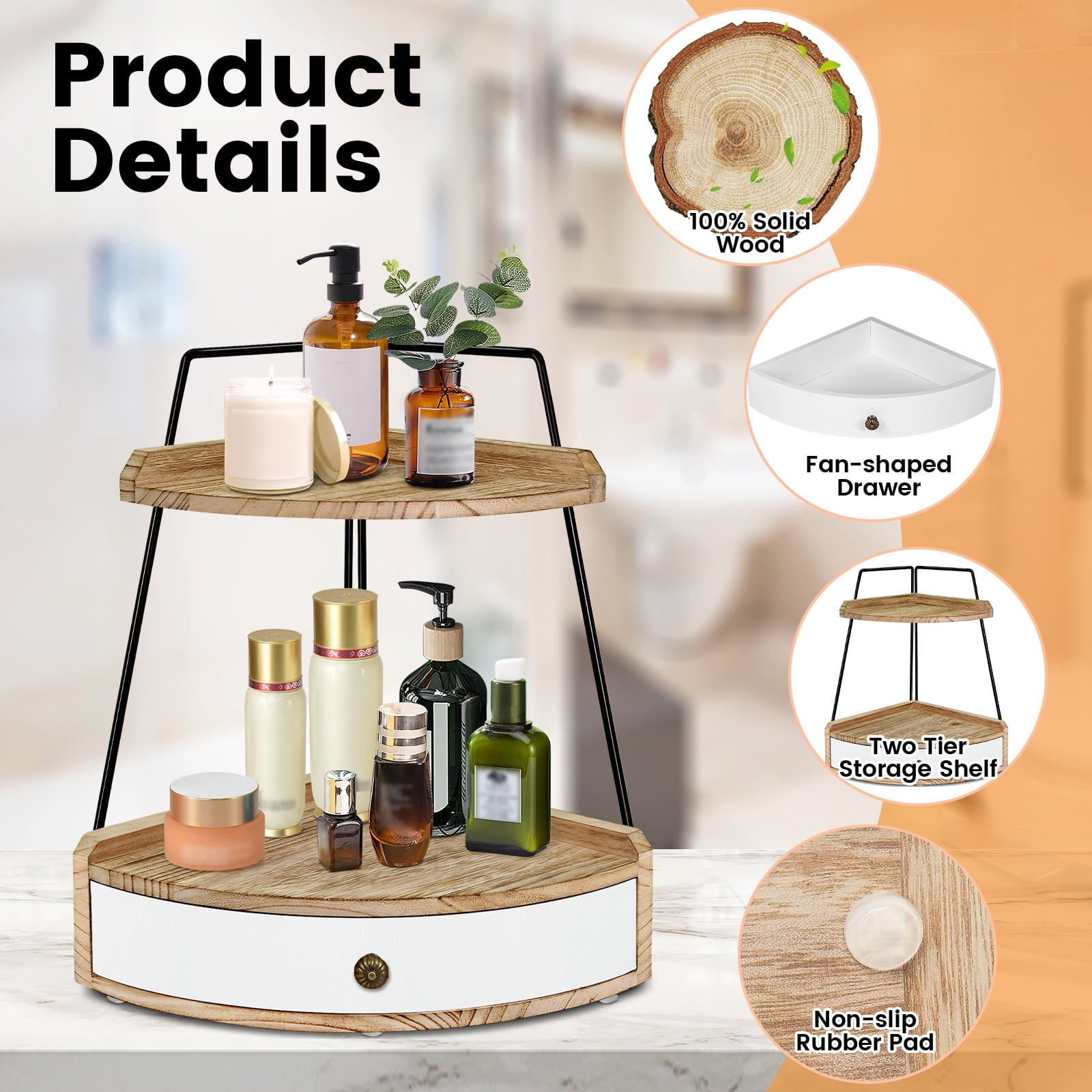 2 Tier Bathroom Counter Organizer, Wood Bathroom Organizer Countertop with Drawer, Corner Storage Shelf for Cosmetic Vanity Tray, Kitchen Spice Rack, Kitchen Organizer and Storage