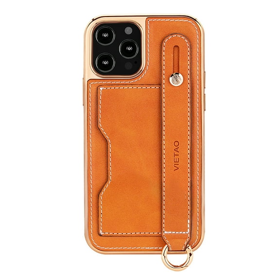 Elehold Luxury Leather Hand Strap Card Slot Case Compatible with iPhone 14 6.1 Pro Inch with Shockproof Kickstand Lanyard For iPhone 14 Pro,Orange