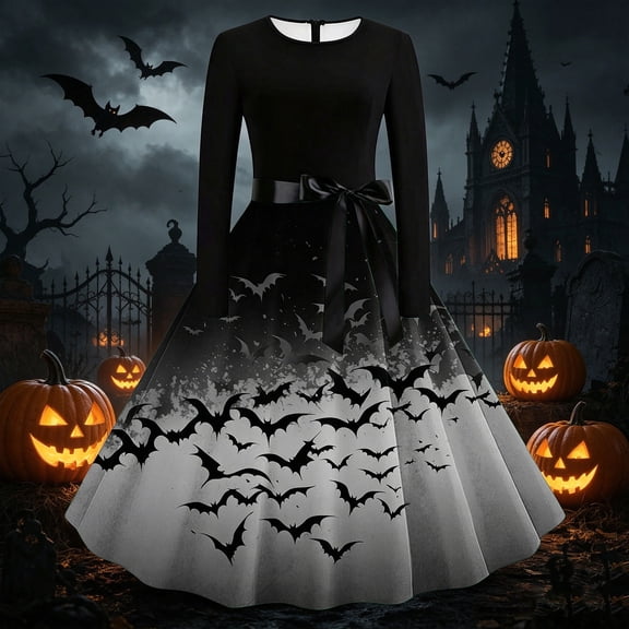 BaoFuBaoMei Vintage Halloween Dresses for Women Plus Size Crew Neck Long Sleeve Halloween Bats Print Midi Dress Back Zipper Closure Waist Bow Tie a Line Dresses for Party