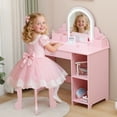 thumbnail image 3 of Tocador infantil 2 en 1 con espejo LED y taburete – Mesa de maquillaje y estudio para niñas – Cajón y estantes abiertos – Ideal para dormitorio o sala de juegos – Color rosa, 3 of 8