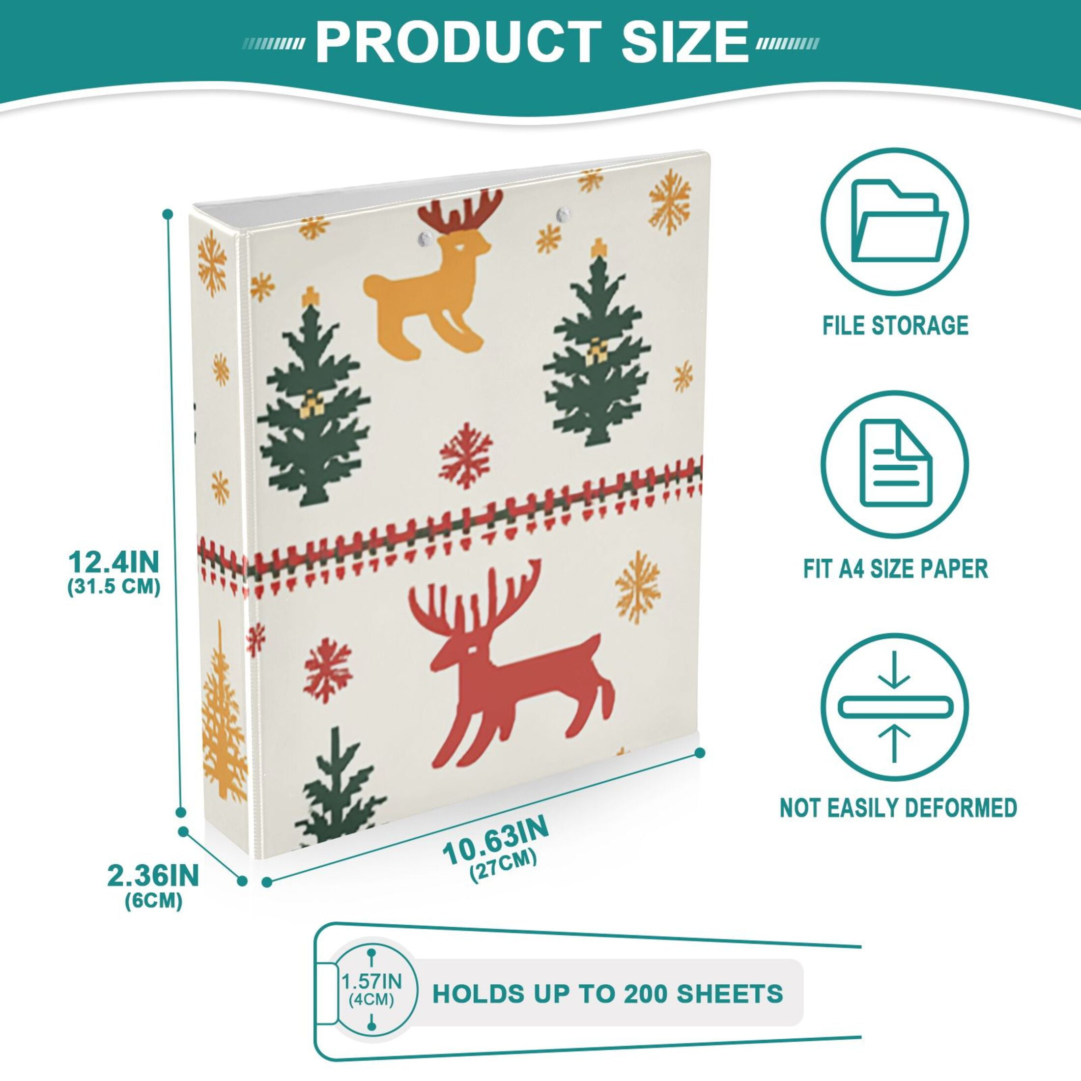 Christmas Deers Trees 3 Ring Binders 1.5 inch Hardcover File Folders with Interior Pockets A4 Size Organizer for School Office Hospital