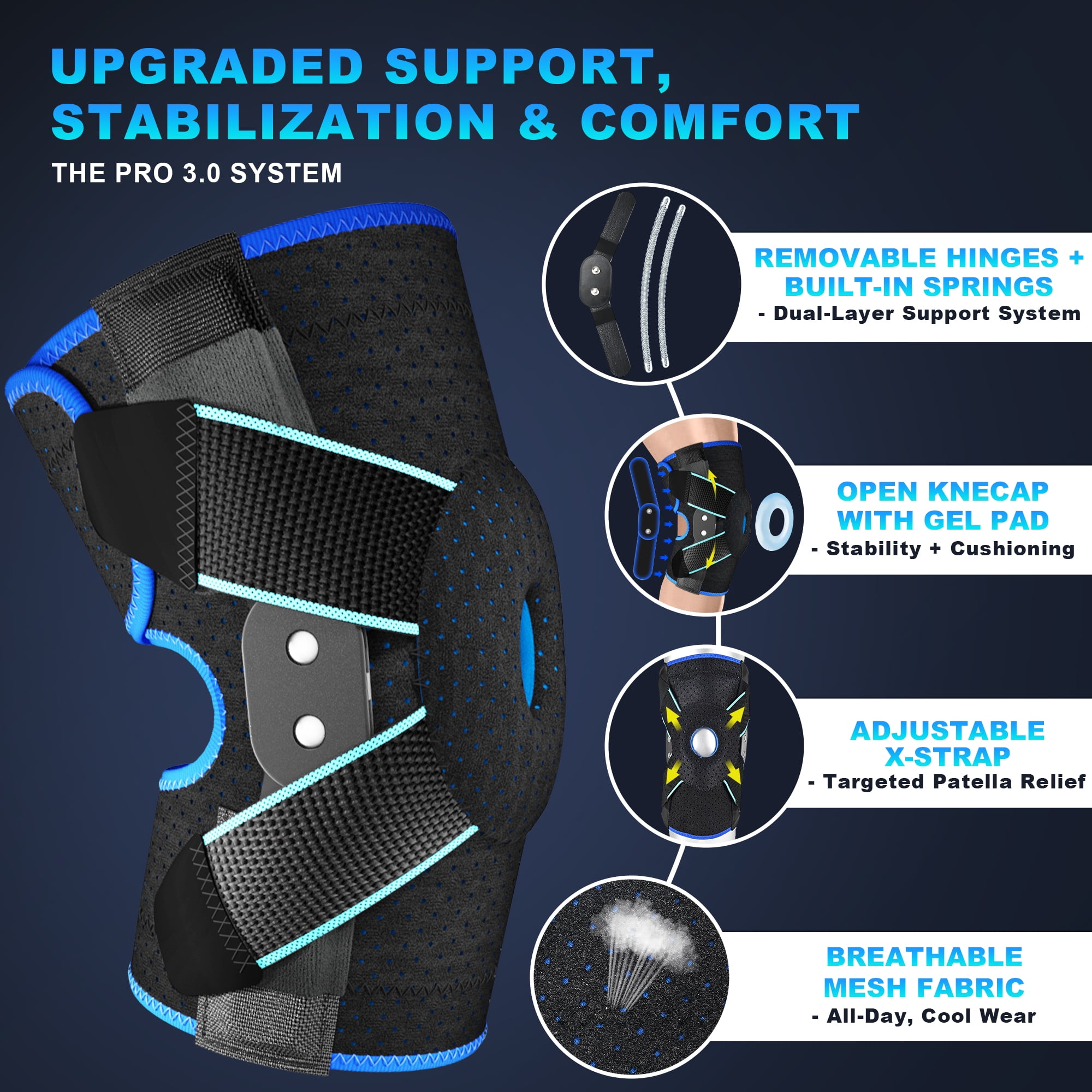 HLTHZONE Hinged Knee Brace with Side Stabilizers for Knee Pain – Adjustable Knee Support for Meniscus Tear, Arthritis & ACL, Fits 12"–23", Black/Blue