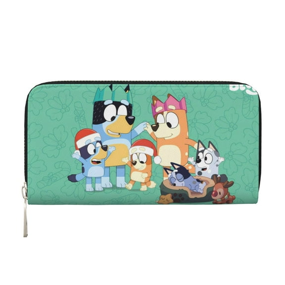 Kowoue Bluey Pattern Genuine Leather Long Wallet Card holder Wallet with Coin Pocket Wristlet Clutch Wallet Purse