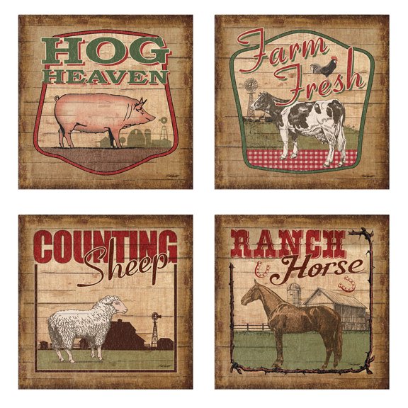Vintage Farm to Table Country Animals; Pig Sheep Horse Cow; Country Rustic; Four 12x12in Poster Prints (Printed on Paper not wood)