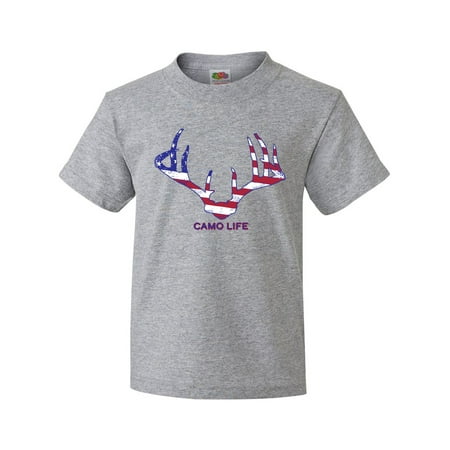 Inktastic Hunting American Flag Antlers Camo Life Youth T-Shirt