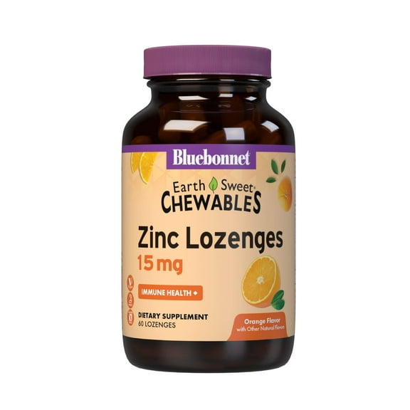 Bluebonnet Earthsweet Zinc 15mg Chewables, Plus 100mg of Vitamin C, Orange, 60 Lozenges