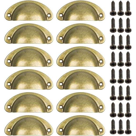 12 Piezas Manija de Puerta Retro, Tiradores de Taza de Latón Manija de Puerta de Gabinete de Cajón de Cocina Tiradores de Concha de Latón para Pomos de Muebles Armario de Mano